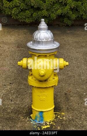 Fire hydrant painted yellow and silver on a city street in Montgomery Alabama, USA. Stock Photo