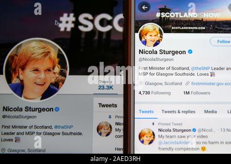 London, UK. 8th Dec, 2019. Twitter account of Nicola Sturgeon, First Minister of Scotland, Scottish National Party Leader and MSP for Glasgow Southside seen on a computer and a mobilephone. As of 8 December 2019, Nicola Sturgeon has 247K followers on her Twitter account. Britons go to the polls on 12 December in a General Election. Credit: Dinendra Haria/SOPA Images/ZUMA Wire/Alamy Live News Stock Photo