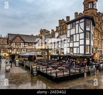 Shambles Square in Manchester, England, created in 1999 around the rebuilt Old Wellington Inn and Sinclair's Oyster Bar next to The Mitre Hotel. Stock Photo