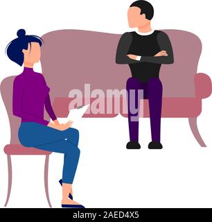 Scene of caucasian female therapist consulting male patient. Flat style stock vector illustration Stock Vector