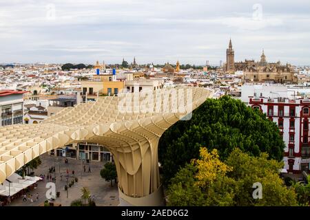 Sevilla, Spain - September, 21:  View of Sevilla Mushrooms , also known as Metropol Parasol project by architect Jürgen Mayer,  the largest wood struc Stock Photo