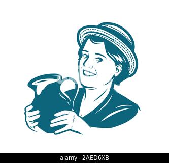 Beautiful young woman with a jug of milk. Dairy farm vector illustration Stock Vector