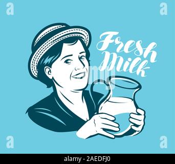 Beautiful woman with a jug of fresh milk. Dairy farm, retro vector illustration Stock Vector