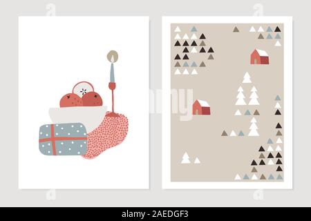 Set of Christmas Scandinavian greeting cards, invitations. Abstract winter snowy landscape with red houses and trees and festive table setting. Nordic Stock Vector