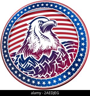 The American Bald Eagle with stars and stripes as a symbol of the Independence Day of the US on 4th July; Color banner in hand drawing style. Raster Stock Photo