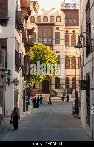 View of the ornate facade of the Nasseef coral town house, Souk al Alawi Street in the historic district of Al Balad, Jeddah, Saudi Arabia, KSA Stock Photo