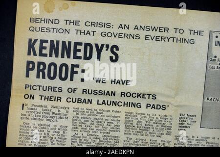 'Kennedy's Proof' headline in the Evening Standard (replica) newspaper from 23rd October 1962 during the Cuban missile crisis.
