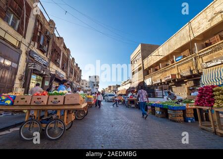 View of people at the Souk Baab Makkah street market at the historic district Al Balad in Jeddah, KSA, Saudi Arabia Stock Photo