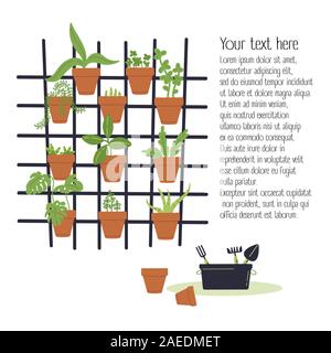 Vertical garden concept.Plants grow in pots Stock Vector