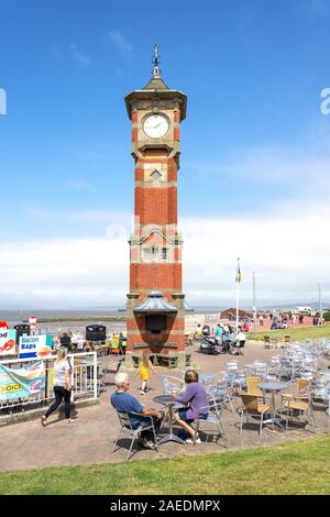 Morecambe Clock Tower and outdoor cafe, Marine Road Central, Morecambe, Lancashire, England, United Kingdom Stock Photo