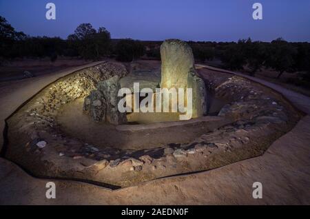 Dolmen of Lacara, the biggest megalithic burial in Extremadura. Spain. Night view Stock Photo