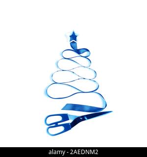 Christmas tree made from blue satin ribbon with scissors on white background. New year and Christmas greeting card party invitation. Classic Blue Color of the year 2020 concept. Craft layout. Stock Photo