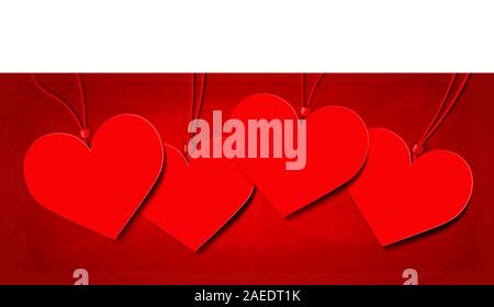Red hanging heart shaped tags with texture rich paint background Stock Vector