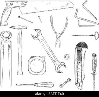 Vector hand drawn black and white illustration of set of working tools. Hammer, wrench,saw,pliers,screwdriver, tape measure and more. Stock Vector