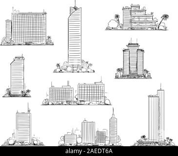 Vector hand drawn black and white illustration of set of modern city residential and commercial buildings and skyscrapers. Urban or cityscape landscapes. Stock Vector