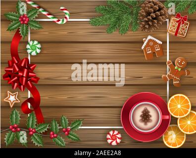 christmas background with cappuccino, gingerbreads, candies, pine branches and holly on wooden table Stock Vector