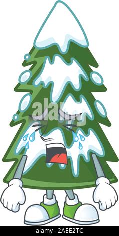 Sad Crying christmas tree snow cartoon character design style Stock Vector