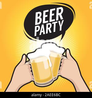 Two hands holding beer glasses with foam. Beer party concept. Stock Vector