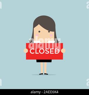 Businesswoman hold a sign Closed in his hands. Stock Vector