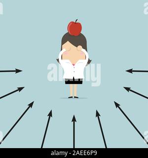 Businesswoman with targeted apple on her head in success concept, Market and success. Stock Vector
