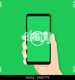 Hand holding smartphone with old record player icon. Stock Vector