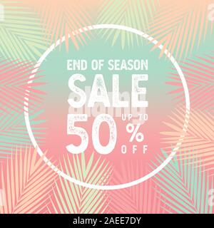 End of season sale up to 50 percent banner vector, Palm leaves with white border concept. Stock Vector