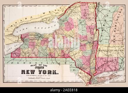 New York old map with counties from 1874 Stock Photo