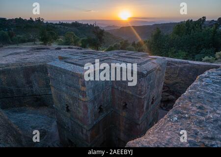 Sunset at one of the famous rock churches in Lalibela, Ethiopia Stock Photo