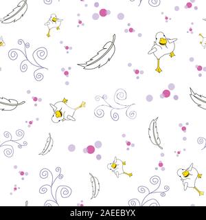 Duck running, doodles, dots and feathers, seamless repeat vector, surface pattern design Stock Vector