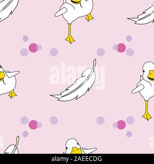 Lost a feather, duck cartoon illustration with feather floating, repeat vector pattern, surface pattern design Stock Vector