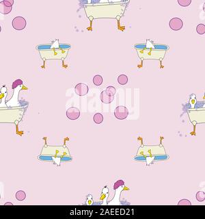 Ducks in Tubs on a pink background, repeat vector surface pattern design, fun with bubbles Stock Vector