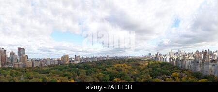 Central Park in New York City. Panoramic Aerial view from above on a cloudy autumn morning. Stock Photo