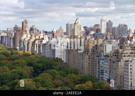 Skyline west side buildings around  Central Park in New York City. Aerial view from above. Stock Photo