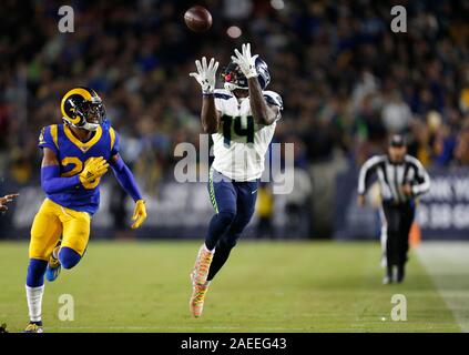 December 08, 2019 Seattle Seahawks wide receiver D.K. Metcalf (14) makes a catch during the NFL game between the Los Angeles Rams and the Seattle Seahawks at the Los Angeles Memorial Coliseum in Los Angeles, California. Charles Baus/CSM. Stock Photo