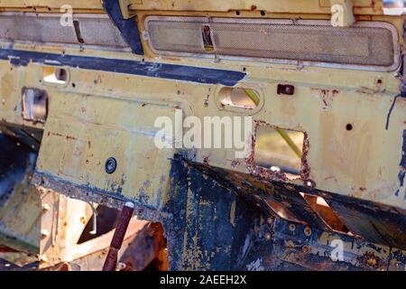 Close up of the interior of an old rusted and abandoned car Stock Photo