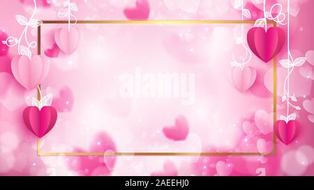 valentine frame for advertising consist of paper craft as heart shapes   and golden border on abstract background included particle and pastel glare c Stock Vector