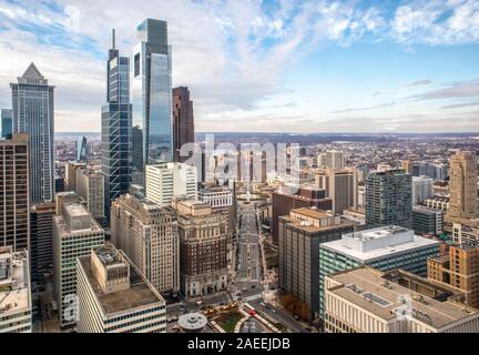 Philadelphia, Pennsylvania. City rooftop view with urban skyscrapers on a cloudy day Stock Photo