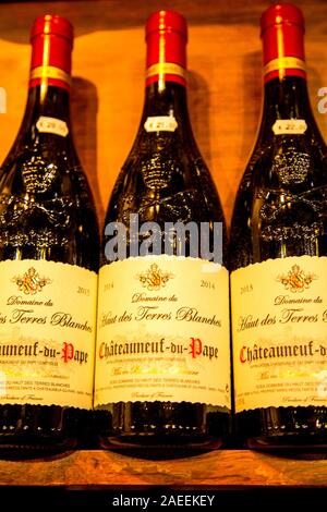 Bottles of wine from the Chateauneuf-du-Pape region of Southern France Stock Photo
