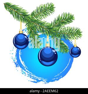 Christmas greeting with blue ornaments and fir tree branch Stock Vector