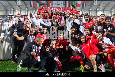 Doha, Qatar. 8th Dec, 2019. Bahrain's players celebrate after winning the 24th Arabian Gulf Cup 2019 final match between Bahrain and Saudi Arabia in Doha, Qatar, Dec. 8, 2019. Credit: Nikku/Xinhua/Alamy Live News Stock Photo