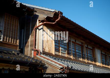 Detail of the elaborate, pretty metal gutter work on an old wood house in the Edo era section of Sawara, Japan. Stock Photo