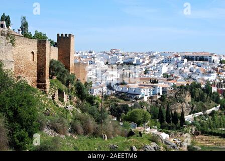 View along the old town wall towards the town and Our Father Jesus Church, Ronda, Malaga Province, Andalucia, Spain, Europe. Stock Photo