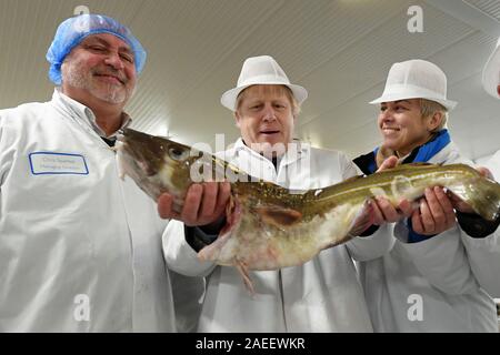 Prime Minister Boris Johnson holds a fish during a visit to Grimsby Fish Market, while on the General Election campaign trail. Stock Photo