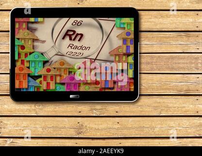 The danger of radon gas in our homes  - concept image - concept image with 3D render of a digital tablet. Stock Photo