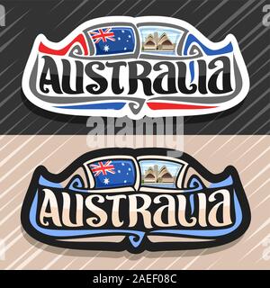 Vector logo for Australia country, fridge magnet with australian state flag, original brush typeface for word australia and national australian symbol Stock Vector