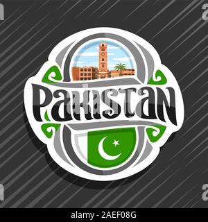 Vector logo for Pakistan country, fridge magnet with pakistani state flag, original brush typeface for word pakistan and national pakistani symbol - F Stock Vector