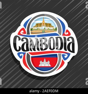 Vector logo for Kingdom of Cambodia, fridge magnet with cambodian state flag, original brush typeface for word cambodia and national cambodian symbol Stock Vector