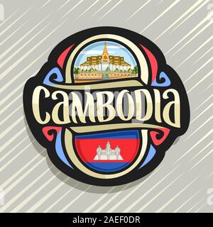 Vector logo for Kingdom of Cambodia, fridge magnet with cambodian state flag, original brush typeface for word cambodia and national cambodian symbol Stock Vector