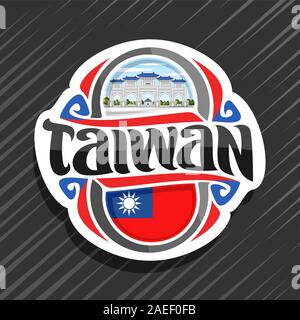 Vector logo for Taiwan country, fridge magnet with taiwanese state flag, original brush typeface for word taiwan and national taiwanese symbol - Chian Stock Vector