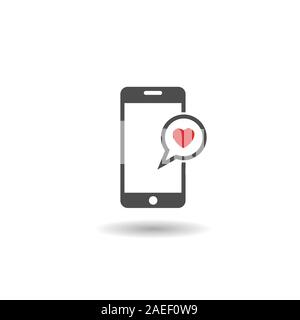 Phone with heart icon. Smartphone with red heart icon, message icon Stock Vector